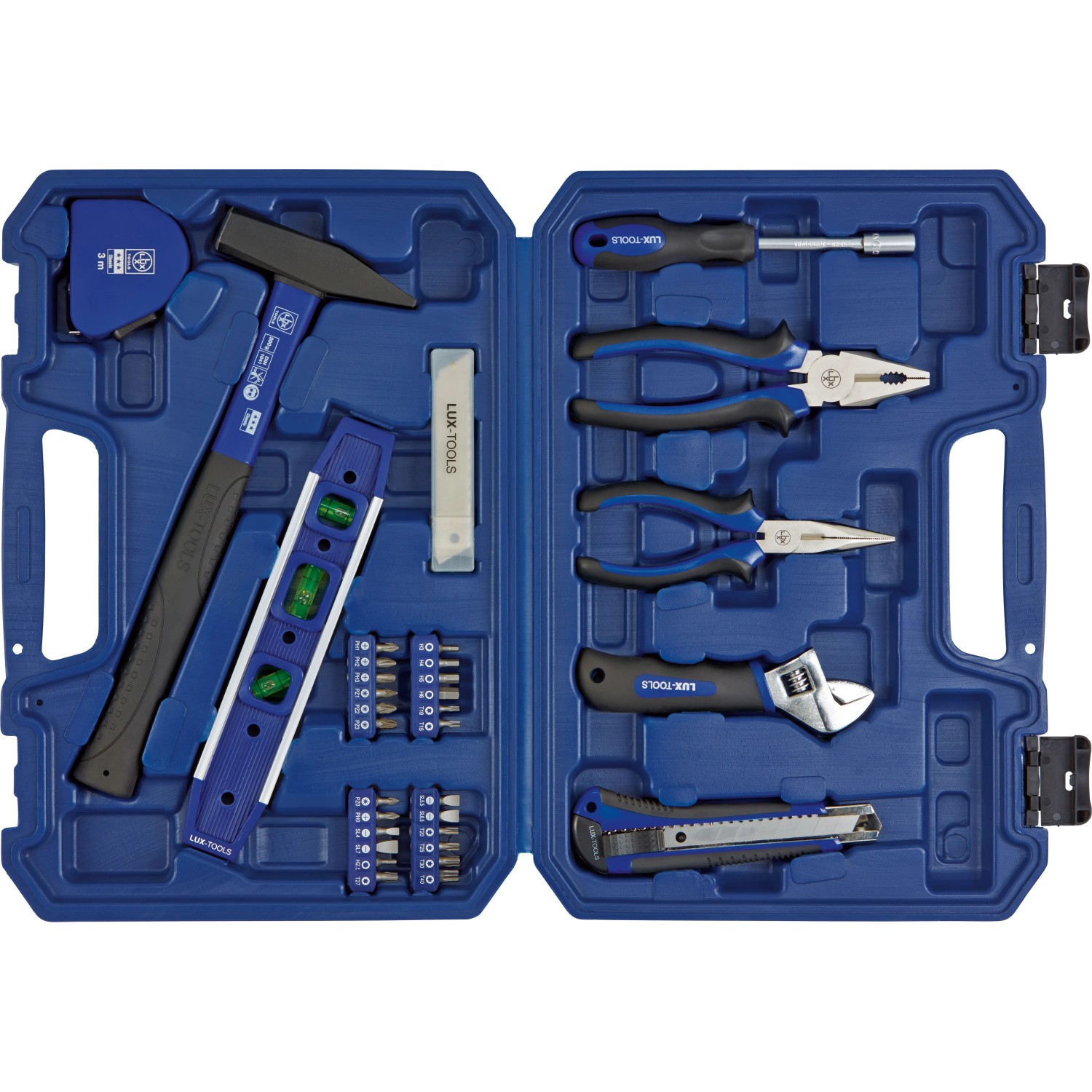 Offener, blauer LUX Werkzeugkoffer Classic, 39-teilig mit Hammer, Zangen, Schraubenschlüssel, Wasserwaage und Bits.