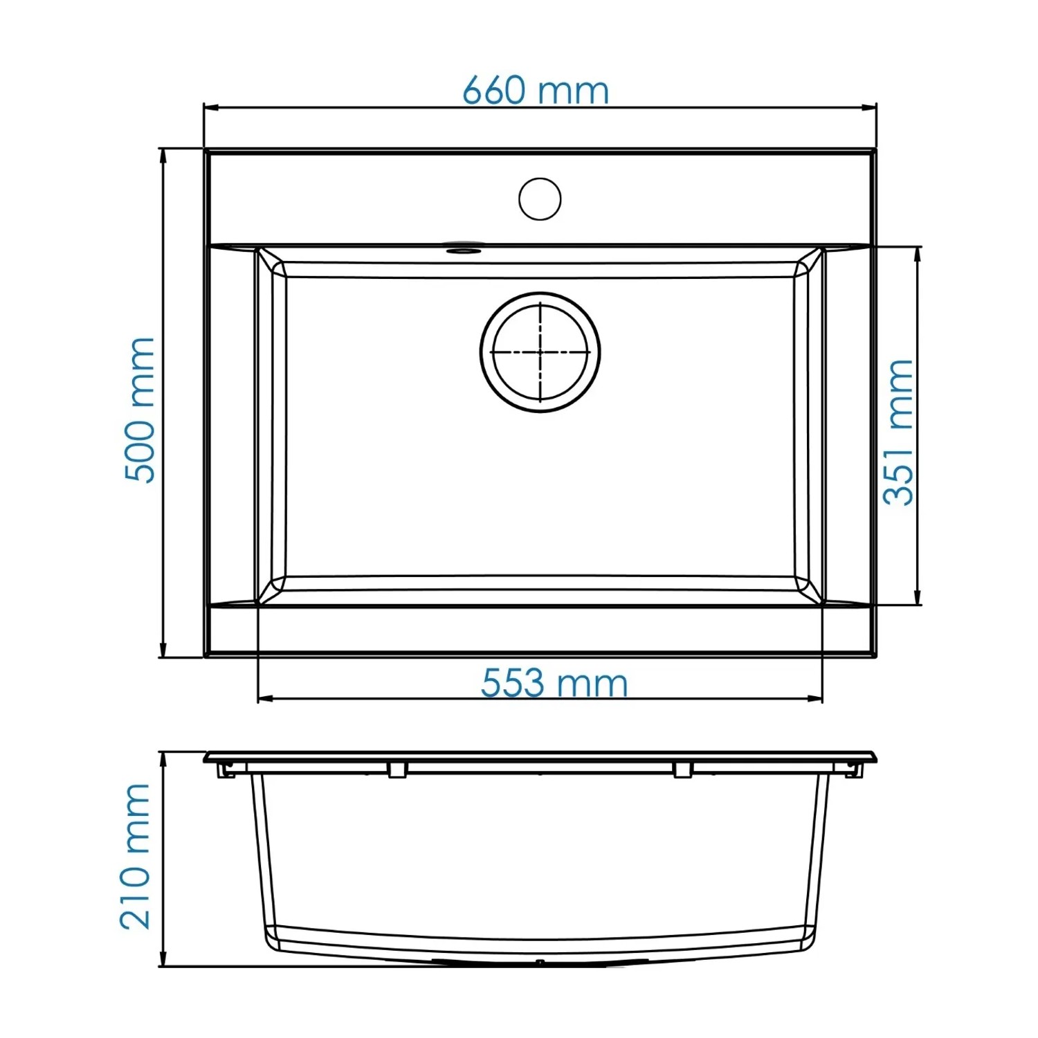 Technische Zeichnung: Respekta Einbauspüle Mineralite Ohio, 66x50 cm, weiße Granitspüle mit Maßangaben.