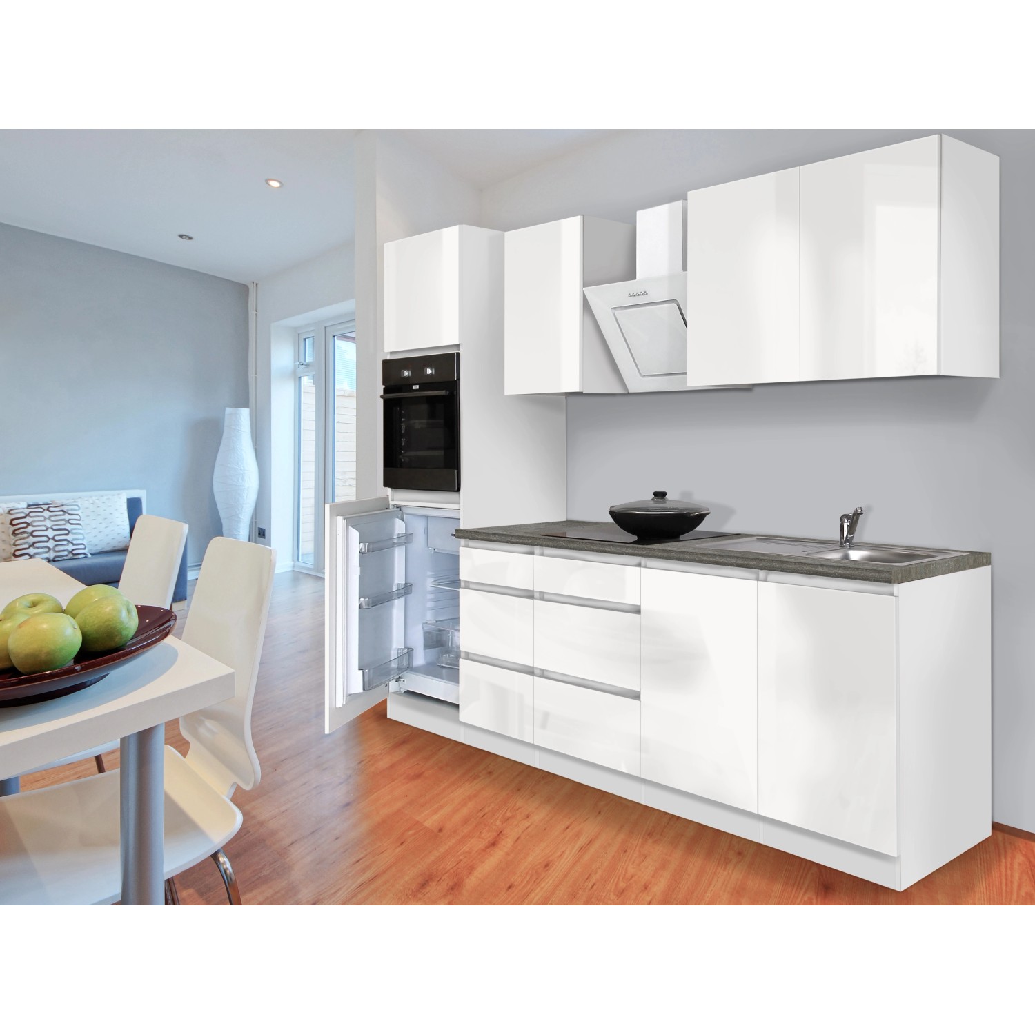 Moderne, grifflos weiße Respekta Küchenzeile GLRP270HWW mit E-Geräten und Hochglanzfronten.