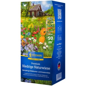 Kiepenkerl Rasensaat Profi-Line Premium Niedrige Naturwiese 0,4kg: Verpackung mit blühender Wiese.