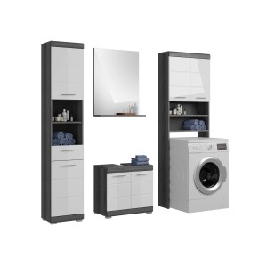 Badkombination in Weiß-Rauchsilber mit Spiegelschrank, Waschbeckenunterschrank und Hochschrank.