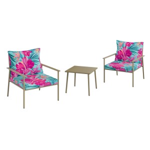 3-teiliges Balkonmöbel-Set Dalysford mit floralen Kissen und olivgrünem Gestell.