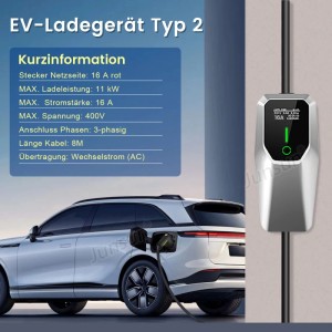 Mobiles Junsun EV Ladegerät 11kW, 3-phasig, Typ 2, an weißem Elektroauto. Silberne Ladebox mit 8m Kabel.