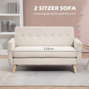 Helles 2-Sitzer Sofa HOMCOM mit Knopfheftung, dicken Kissen und Holzfüßen, 134cm breit, für Wohnzimmer.