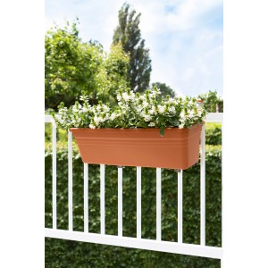 Anthrazitfarbener Florus Pflanzkasten Mediterran 50 cm mit weißen Blumen auf einem Balkongeländer.