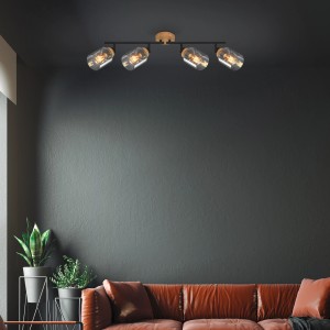 Brilo Deckenleuchte Hema mit 4 Rauchglas Spots und Holzbasis, schwenkbar, E27 Fassung, 68 cm.