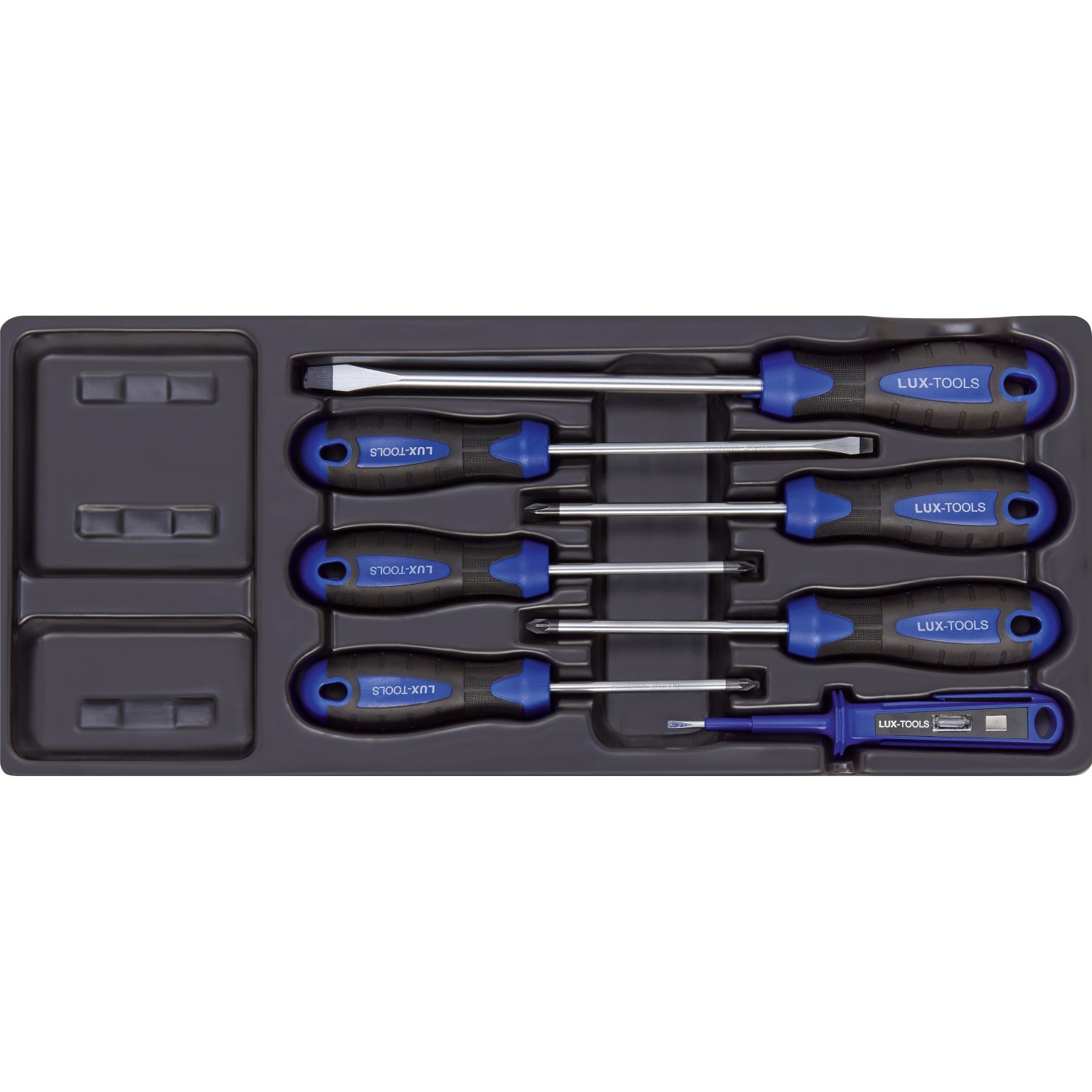 LUX Werkzeugkoffer Comfort: Sortiment Schraubendreher mit blau-schwarzem Griff im Werkzeugkoffer.