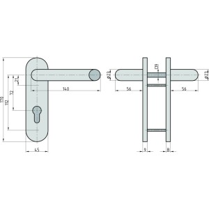 Technische Zeichnung: Basi Feuerschutz-Drückergarnitur ZT/FS 2100, Aluminium silberfarben, Maße