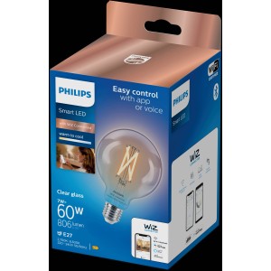 Philips Smart LED-Leuchtmittel, 7W E27 Globe Filament G95, klare Vintage-Glühbirne in Produktverpackung.