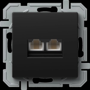 Schwarze Tem Datendose Logiq Flat mit 2 RJ11 Anschlüssen für Telefone.