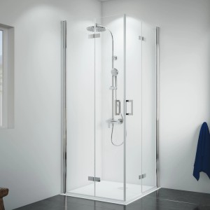 Breuer Eckeinstieg Panorama Drehfalttür, Chrom/Klarglas, 100x100 cm. Eckdusche mit Duscharmatur.