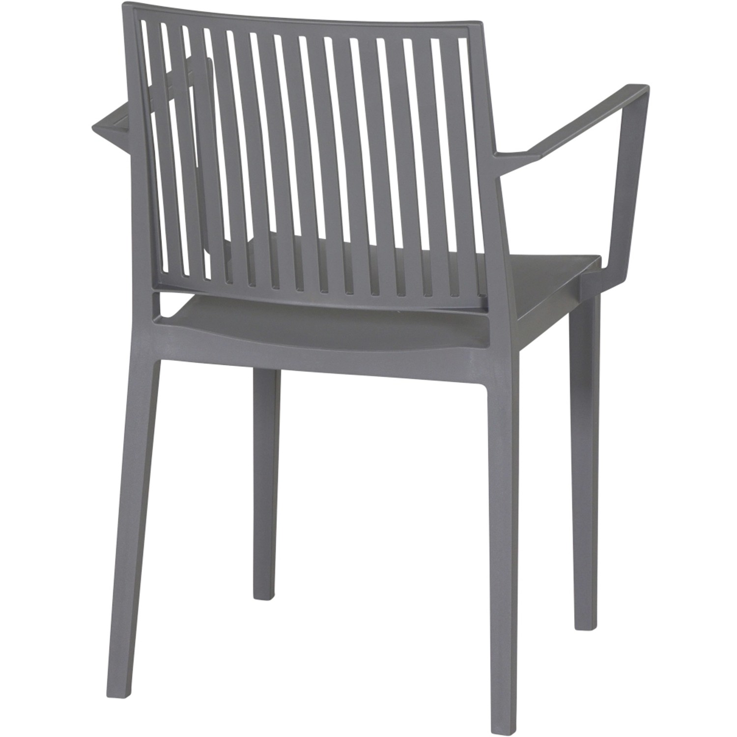 Grauer Siena Garden Lane Stapelsessel, Gartenstuhl mit Armlehnen und Lattenmuster im Rücken.