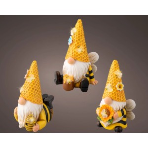 Drei Lumineo Solar Gartenfiguren als Bienen-Zwerge mit gelben Wabenhüten, Flügeln und warmweißem Licht. Gartendekoration.