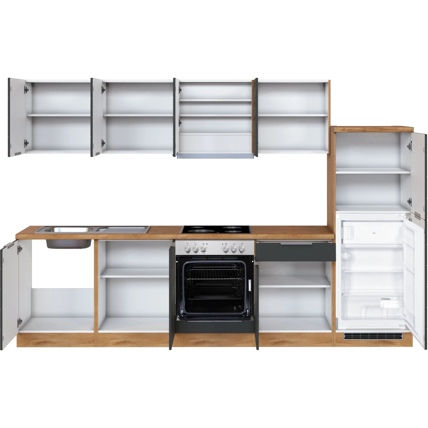 Moderne Held Möbel Küchenzeile 300 cm in Grau-Wotaneiche Optik mit E-Geräten und viel Stauraum.