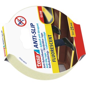 Tesa Anti-Rutschband, fluoreszierend, 5 m x 25 mm. Rutschhemmendes Klebeband für Treppen und glatte Flächen.