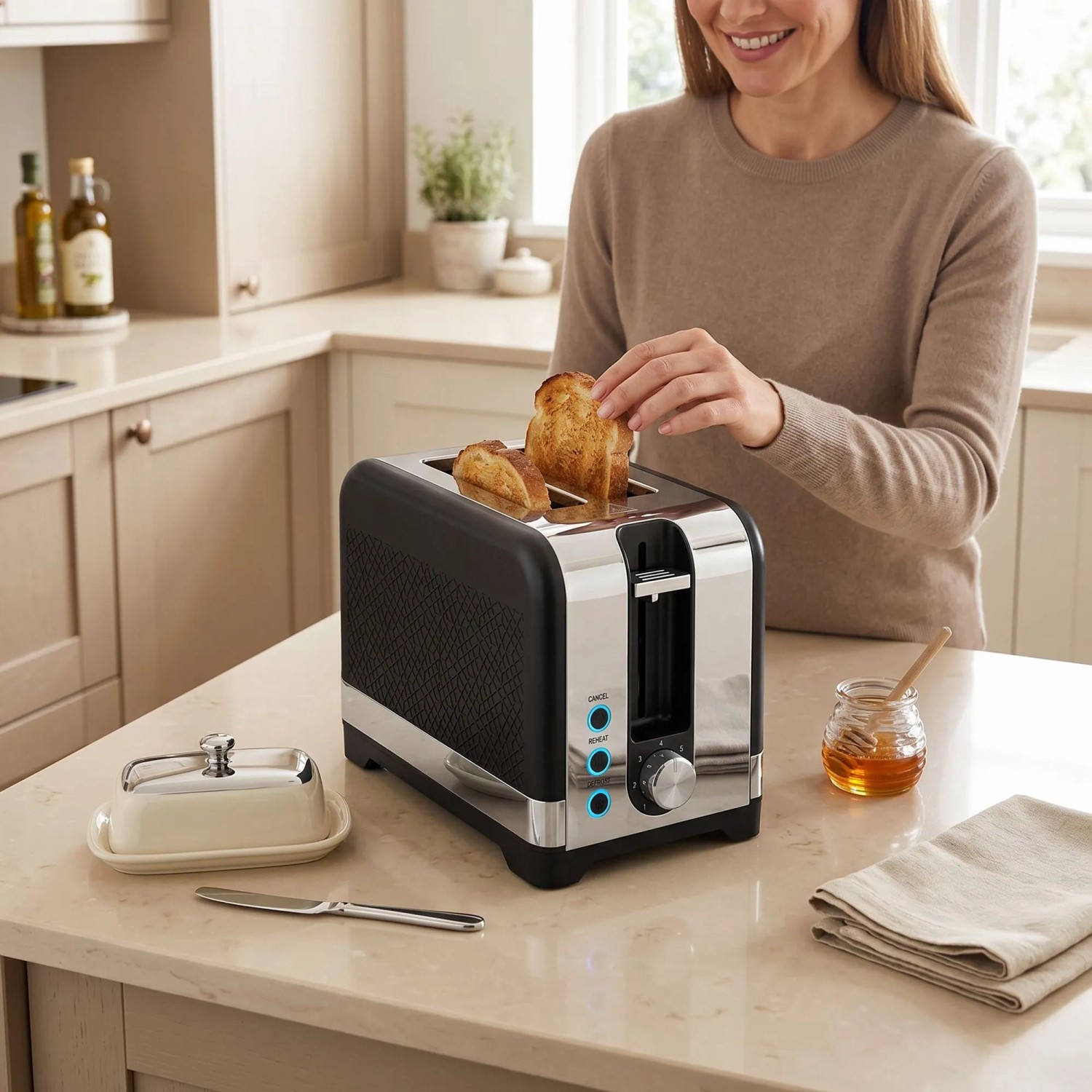 HOMCOM Toaster in Schwarz-Silber auf Küchentheke, Frau nimmt goldbraunen Toast heraus. 2-Scheiben-Toaster, Haushaltsgerät.