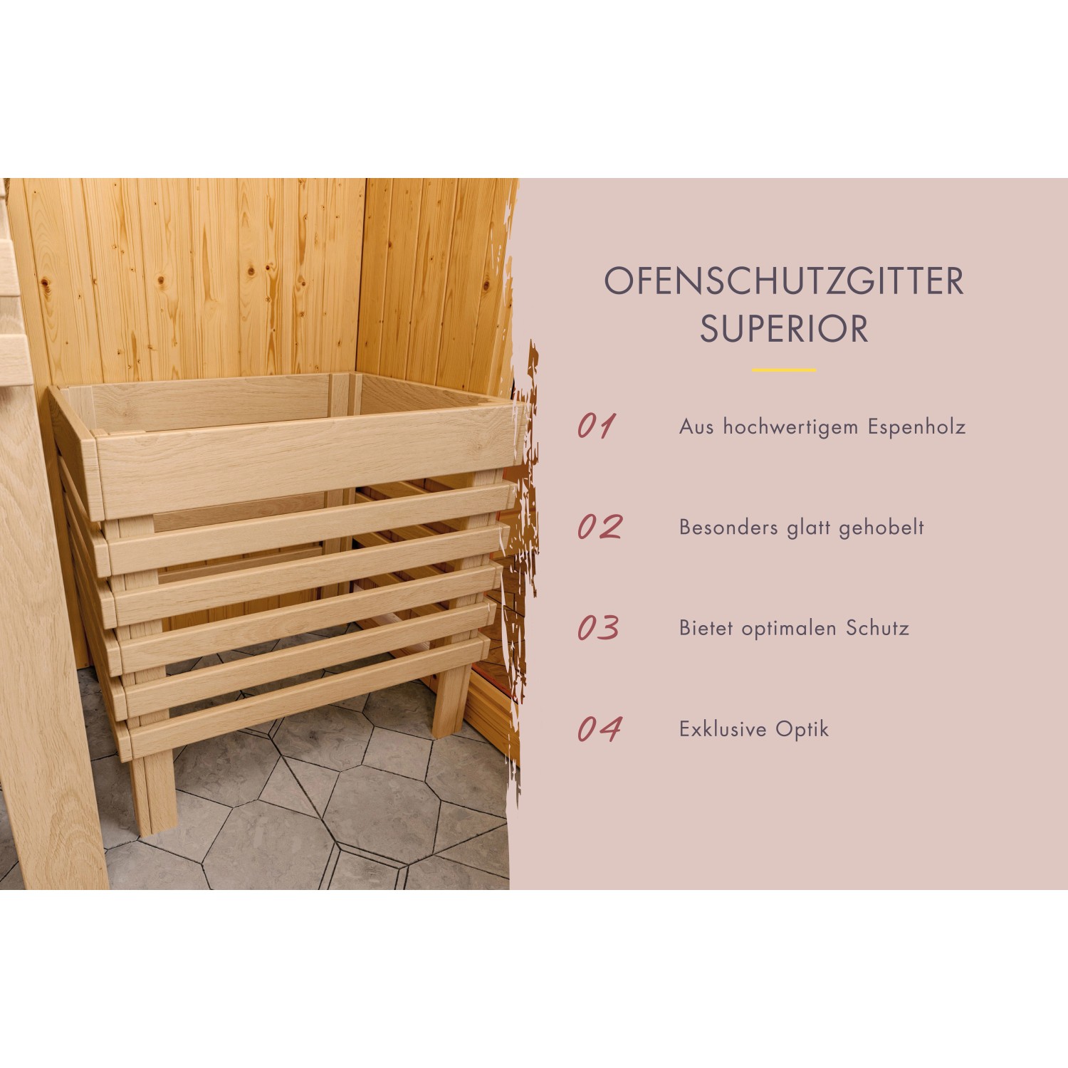 Karibu Sauna Steena Ofenschutzgitter aus Espenholz für Massivholzsauna.