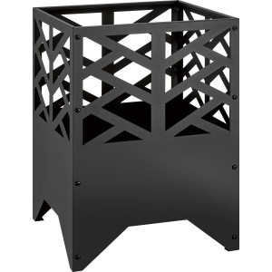 Schwarzer Metall Feuerkorb, 36x36x50 cm, mit modernem Ausschnittmuster für Garten & Terrasse.