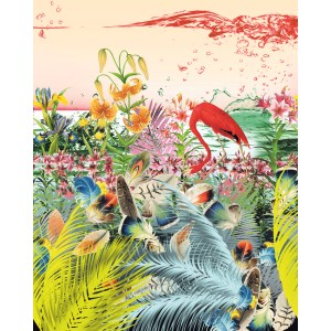 Komar Fototapete Vlies Fantasia, 200x250 cm, mit Flamingo, Federn und Blumen.