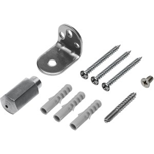 Spannelement-Set für Sonnensegel: Edelstahlwinkel, Schrauben, Dübel und Spannelement für die Befestigung.