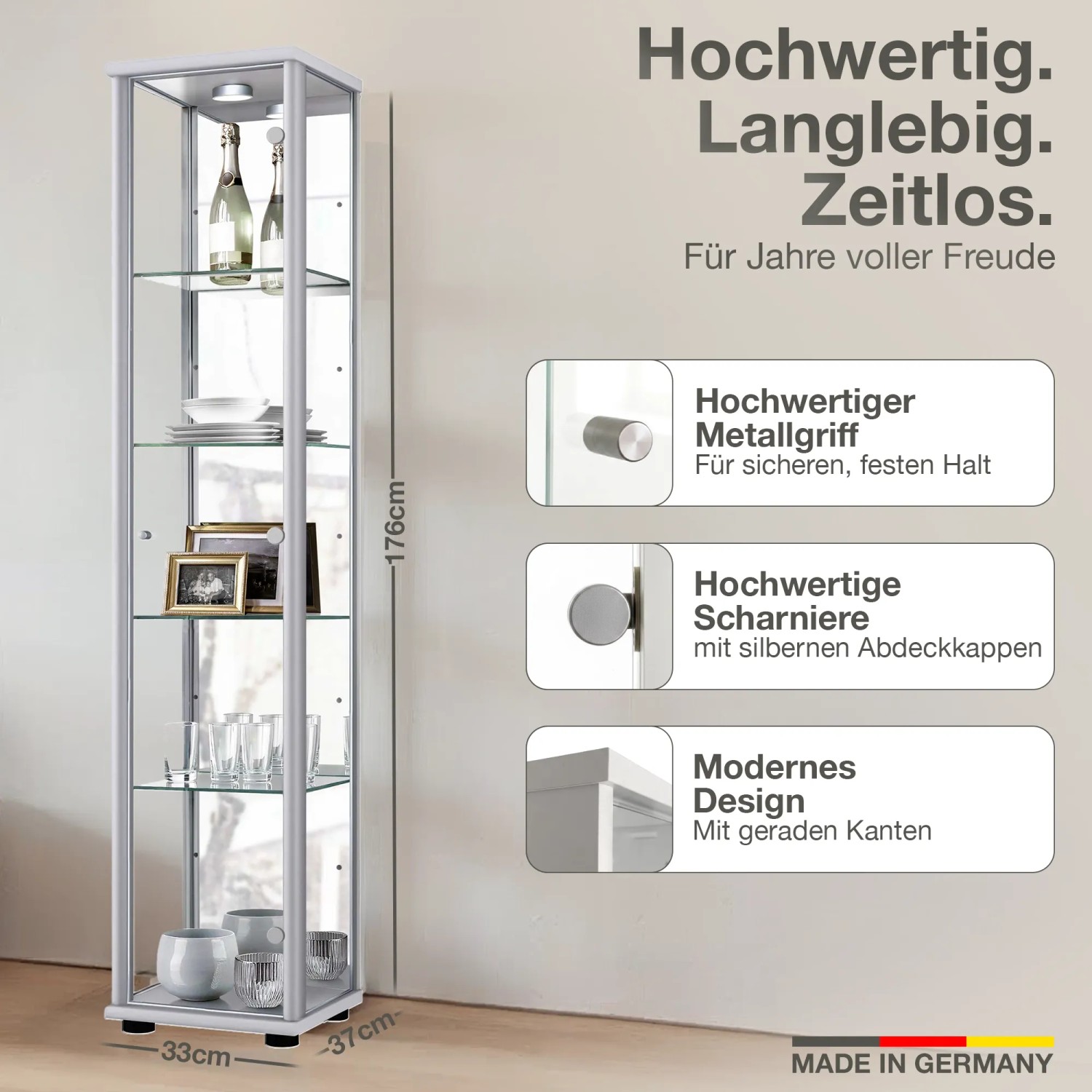 K-Möbel Glasvitrine Stehend 176x37x33 cm mit Spiegel LED & 4 Höhenverstellbaren Glasböden Silber kaufen bei OBI