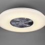 Weiße LED-Deckenleuchte Visby mit Ventilator und Chromdetails, Lichtfarbe einstellbar.