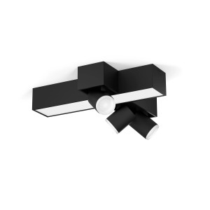 Schwarze Philips Hue LED-Deckenleuchte Centris Cross mit 3 Spots und Lightbar.
