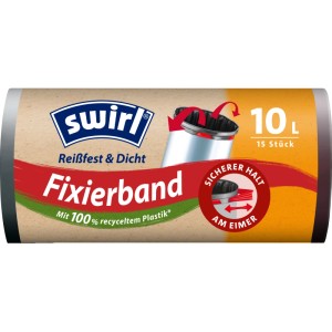 Verpackung Swirl Fixierband-Müllbeutel 10 l, 15 Stück. Zeigt reißfeste Beutel mit Fixierband für Eimer.