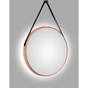 Runder DSK Design LED-Lichtspiegel Silver Barbier, Ø 50 cm, mit Kupferrahmen und Lederband.
