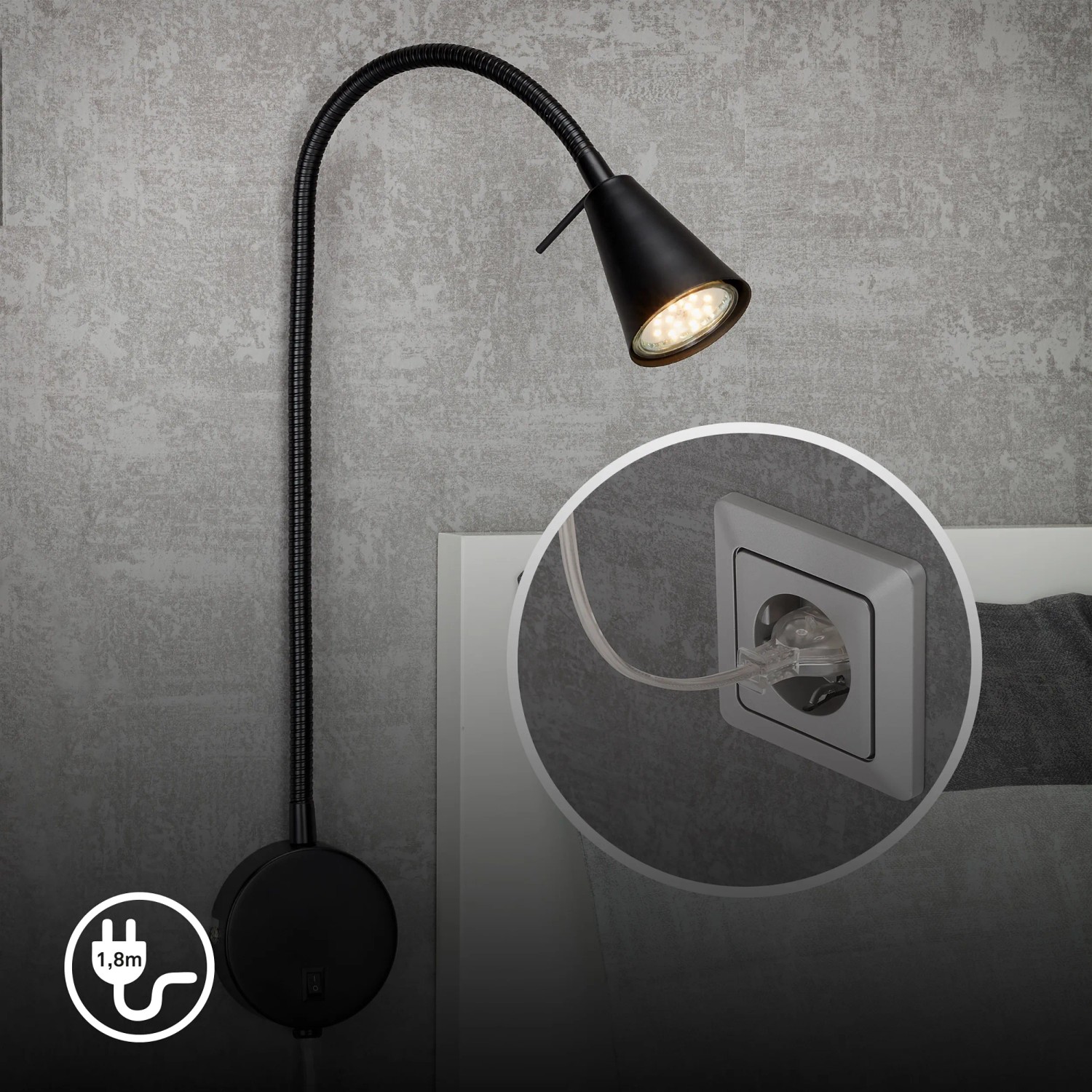 Schwarze Briloner LED Bettleuchte Tusa mit Flexarm, warmweißes Licht für Nachttisch oder Wandmontage.