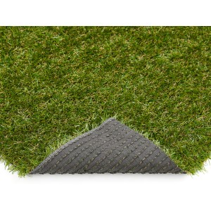 Kunstrasen Jever Grün, 1x2 m, mit Drainagelöchern und grauer Rückseite.
