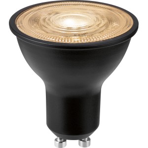 Schwarzes GU10 LED Leuchtmittel, 6,2W, Warmweiß, 450 Lumen, 5,4x5cm.