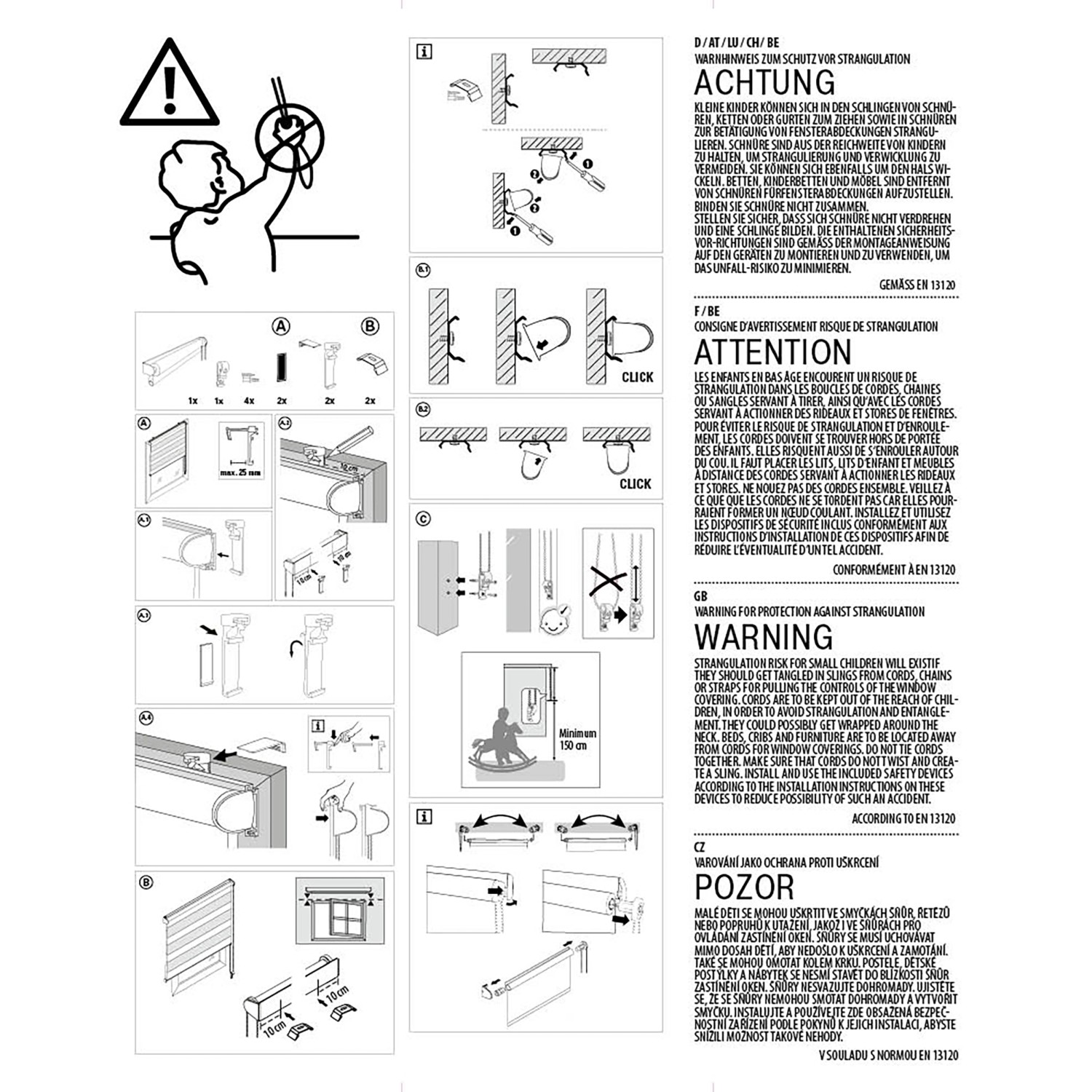 Anleitung zur Montage des Gardinia Easyfix Doppelrollos, inklusive Warnhinweise zur Strangulationsgefahr.