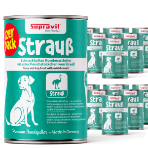 Supravit Hundenassfutter Strauß im 12er Pack. Grüne Dosen mit Hundesilhouette und Straußen-Symbol. Getreidefrei.