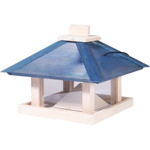 Maritimes Vogelhaus aus Kiefernholz zum Aufhängen, blaues Dach, 29x29x25 cm.