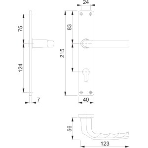 Technische Zeichnung: Hoppe Türgriff Birmingham, Langschild, Aluminium silber, Maße für Innentüren.