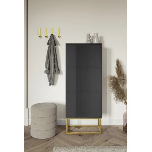 Schwarzer Selsey Schuhschrank Veldio, Rillenfront, goldfarbenes Gestell. Modern, 3 Klappfächer, 50 cm breit.