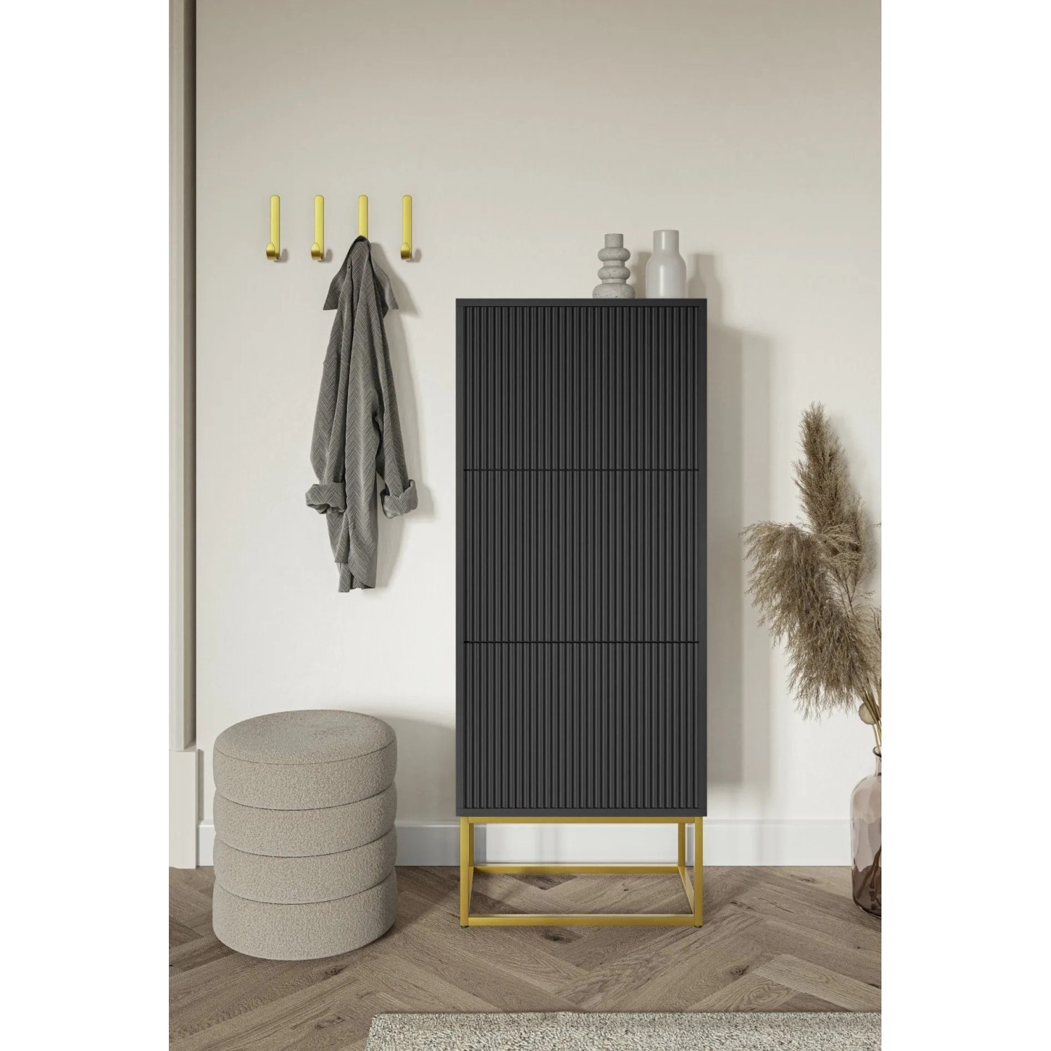Selsey Schuhschrank Veldio Rillenfront Goldfarbenes Gestell Schwarz 50 cm_2