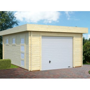 Palmako Holzgarage Rasmus mit Sektionaltor, naturbelassen. Einzelgarage aus Fichtenholz mit Fenster und Tür.