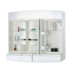 Weißer Sieper Spiegelschrank Topas ECO, 60 cm breit, mit offenen Spiegeltüren und Innenleben.