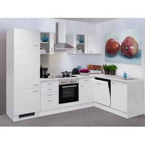 Weiße Flex-Well Winkelküche Wito 280 cm mit Elektrogeräten und Spüle.