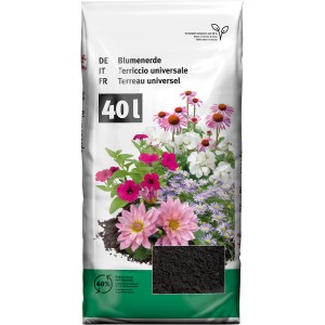 Sack Blumenerde (40 l) mit Blumenmotiv, geeignet für Zimmer-, Balkon- und Gartenpflanzen.