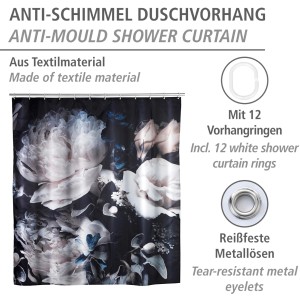 Wenko Anti-Schimmel Duschvorhang Peony mit Pfingstrosen-Motiv, inkl. 12 Ringe.