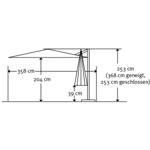 Technische Zeichnung: Schneider Ampelschirm 358x300 cm, Natur, mit Maßen. Ideal für Planung.
