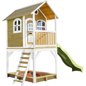 Axi Sarah Spielhaus mit Rutsche, Sandkasten, Leiter, braun-weiß-lindgrün, 191x370x291 cm.