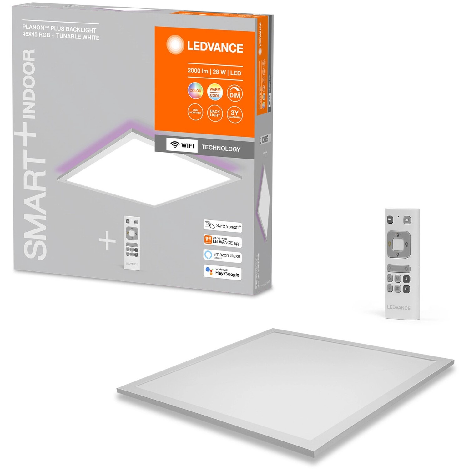 Ledvance LED-Deckenleuchte Planon Plus, 45x45 cm, mit Fernbedienung und Verpackung.