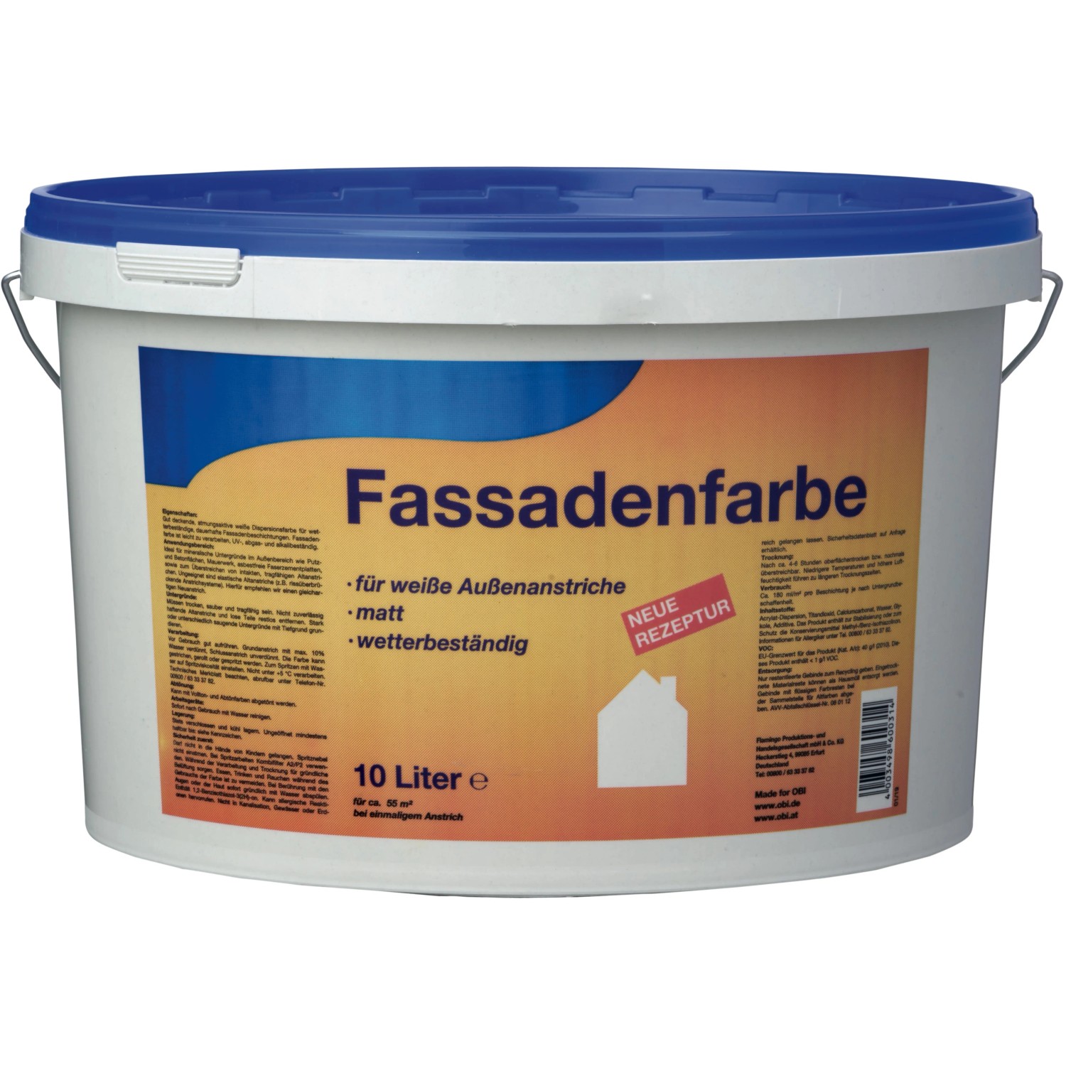 Eimer Fassadenfarbe Weiß, matt, 10 Liter für wetterbeständige Außenanstriche.