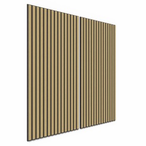 Zwei Akustikpaneele in Eiche mit schwarzem Filz, 60x120 cm, zur Wand- und Deckenverkleidung.