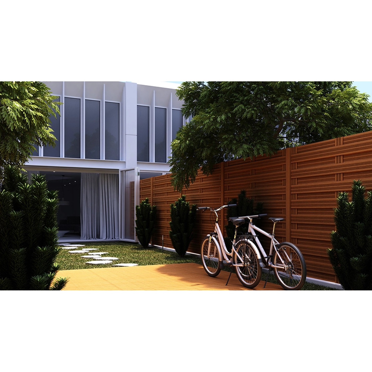 Braunes Sichtschutzzaun-Element Goch (90x180cm) im Garten mit Fahrrädern vor modernem Haus.