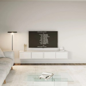 Weißes Selsey TV-Hängeboard Framme 200 cm grifflos, wandmontiert im modernen Wohnzimmer unter TV.
